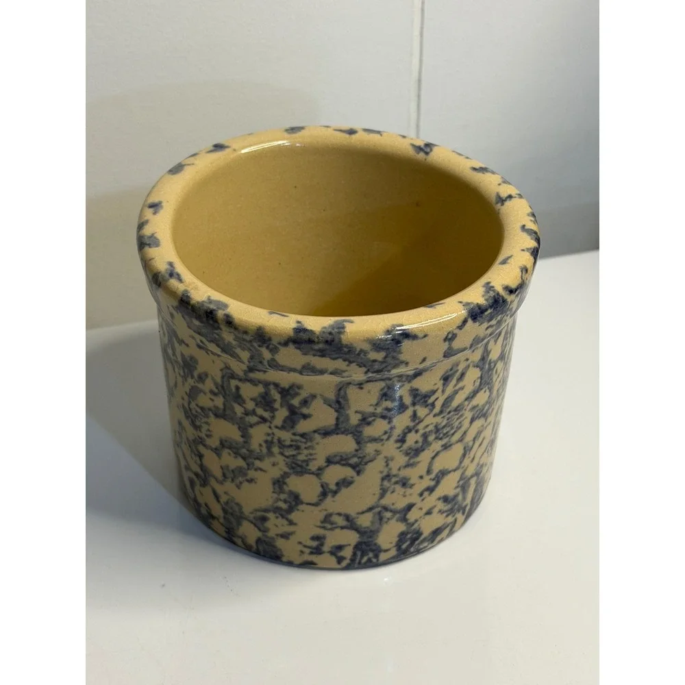 VTG Robinson Ransbottom Pottery Co Blue Spongeware Crock Jar Tan Stoneware RRPCo